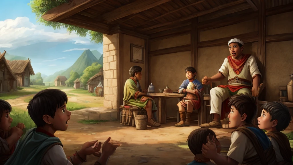 “The boy telling the villagers about his experience, while the villagers listen with surprise and interest.”