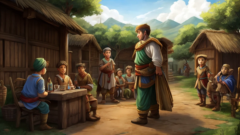 “The boy telling the villagers about his experience, while the villagers listen with surprise and interest.”