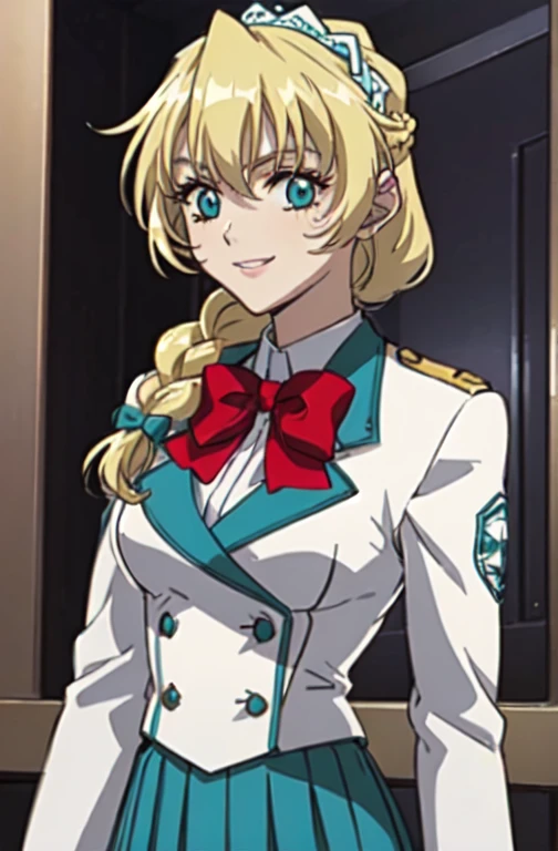 school uniform, White jacket, Red ribbon, Double-breasted, Teal pleated skirt, Straight,, Absurd, ultra detailed, masterpiece, Highest quality, beautiful, detailed,, alone, A kind smile, A light smile,
Katya 1, One person, blue eyes, Very long hair, Blonde, long Blonde, French Braid, bangs, Medium chest,