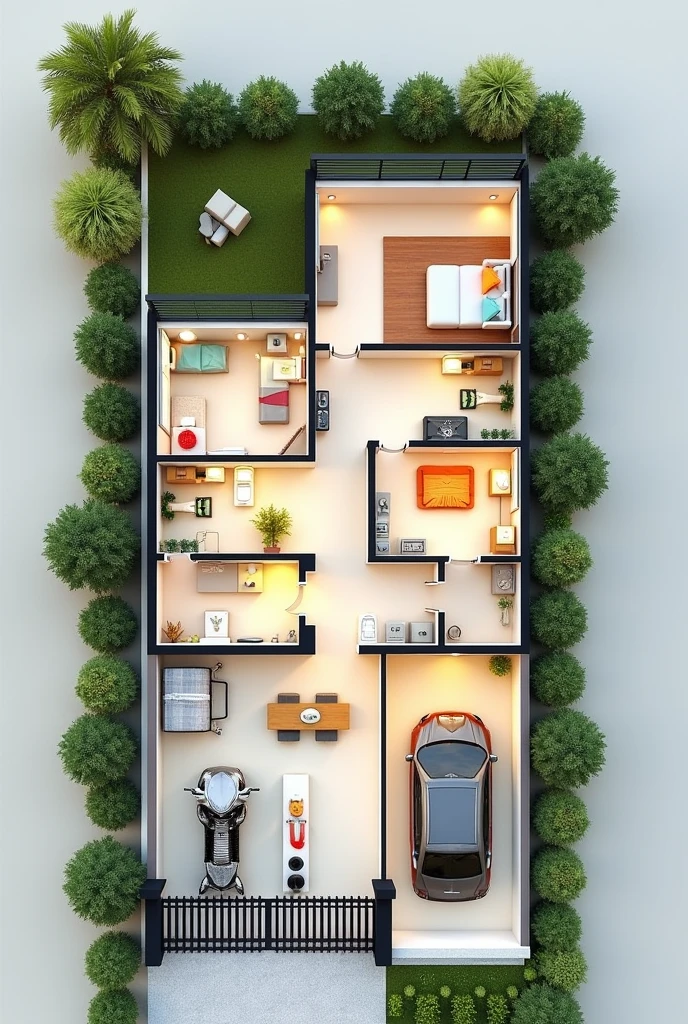 create an architectural plan in a photo of a house containing 3 bedrooms, one of which is for games, guest rooms and the master bedroom with bathrooms, containing a kitchen, livingroom, social bathroom, laundry area, garage for car and motorcycle and a small courtyard at the front with a high wall and gate that prevents anyone from seeing in from the outside, which has no floors