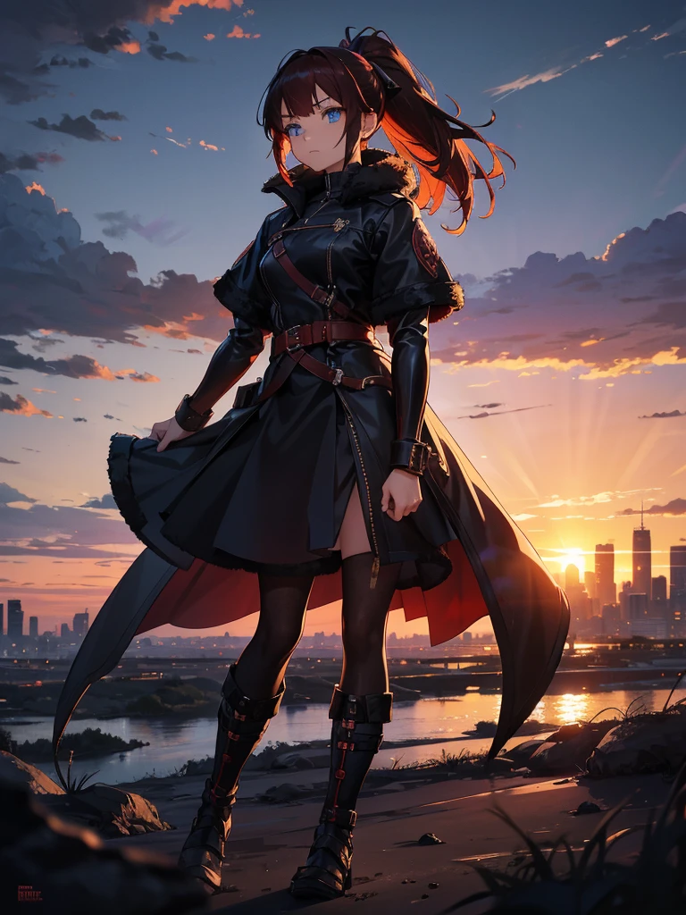 Cityscape, building, Skyline, sunset, Silhouette against a cloud background, meditation. Watching the beautiful sunset, sunset時に, sunset時, sunsetとともに, In the sunset, Nice views, Sunset view, With the sunset, sunset時に, During Golden Hour, looking sunset時に, Sunset in the background, Watching the sunset, Attention,, Very detailed, blue eyes, Redhead, Angry expression,Wearing a black fur jacket, Medium Hair,ponytail, Anime Style, whole body, alone, Stylish Gladiator Girl, I have a rapier,Standing in the Wilderness, 8K high resolution, White Background, The background is a dark and desolate landscape, Horror movie atmosphere. Her figure is very beautiful, Emphasizing the dark and crazy elements. Skillfully expressing the effects of light and shadow, Anime ' Line, Mechanized Soldier Girl, ' Line style