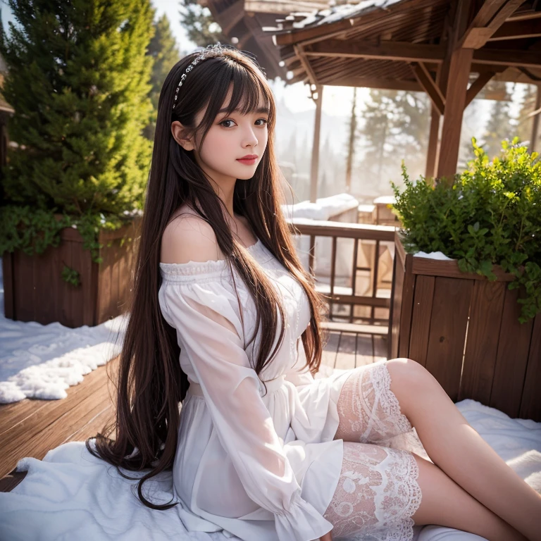 long skirt,skirt, (knee shot), 1 woman, On the face, light brown hair, blunt bangs, hair behind ears, Hair over the shoulders, long hair, Slender body type, Super thin face, face slimming, delicate lips, beautiful eyes, Thin blush, Eyes are light brown,Check it out here, (realistic:1.3), There is a coniferous forest with heavy snow., It's snowing .One person's perspective, 8k, On the table, north african trade zone, Super detailed, high quality, best quality, High resolution,best quality, Delicate face,beautiful visual work, lifelike, eternity, Smile, Detailed Background, Delicate face,pink blush,cold,((masterpiece))、(top quality)、8k、high detail、Super detailed,31 years old female,Seductive and whimsical style、masterpiece、born、Scenes resembling fairy tale illustrations、Intricate details and complex designs、Beautifully、magic、capricious、 Beautifully、Dream aesthetics、「𝓡𝓸𝓶𝓪𝓷𝓽𝓲𝓬、ethereal、charming、fickle、magic」、Realism、Visual effects、FXAA、SSAO、Shaders、voiceless、ambient lighting、Tone mapping、High resolution、Ultra high quality、Million pixels、(8k resolution:1.10)、8k、Below 8k、8k resolution、high detail、intricate details, (high quality:1.2、masterpiece:1.2、:1.21)、(31 years old female:1.21)、(Smile excitedly)、(Surrounded by the dreamy atmosphere、Model diagram,full-body shot,Normal 2 feet,Don't show your fingers,Large Breasts,H CUP