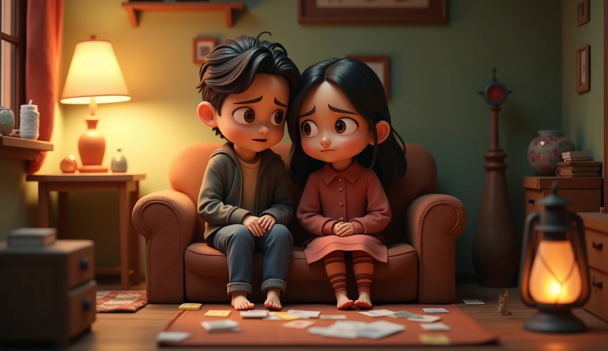 in 3d animation style:Ramu and Sītā sitting in their small, modest home, worried about their hardships and financial struggles.