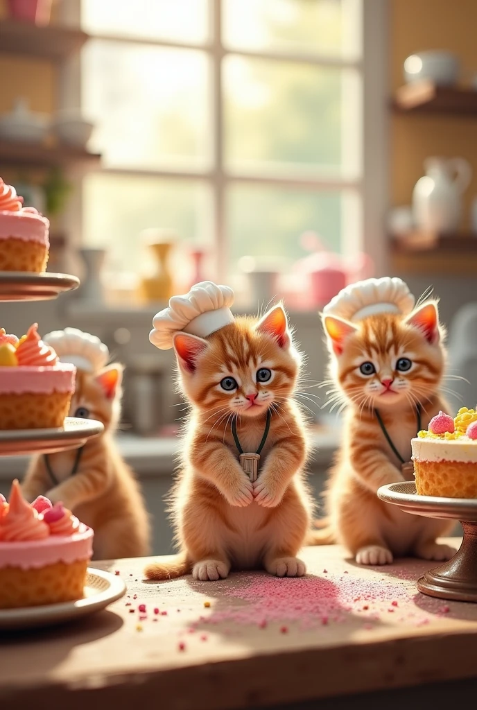 Kitten pastry chefs making cakes。