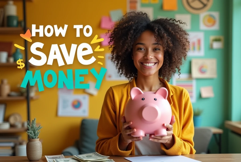 Create a horizontal YouTube video cover,It has words written on it"How To Save Money"