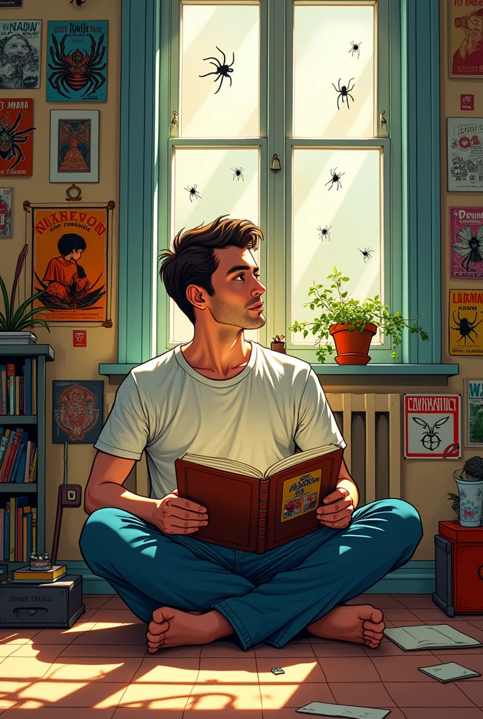 Peter Parker without a suit reading about spiders and music, in a room with pictures of music and spiders on the wall. Comic Type