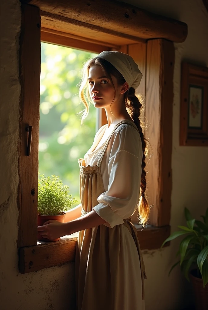 Young woman dressed in a simple tunic, an apron, a cape or shawl, and a cap or bonnet. Her attire would be modest and practical., reflecting her role as a servant.