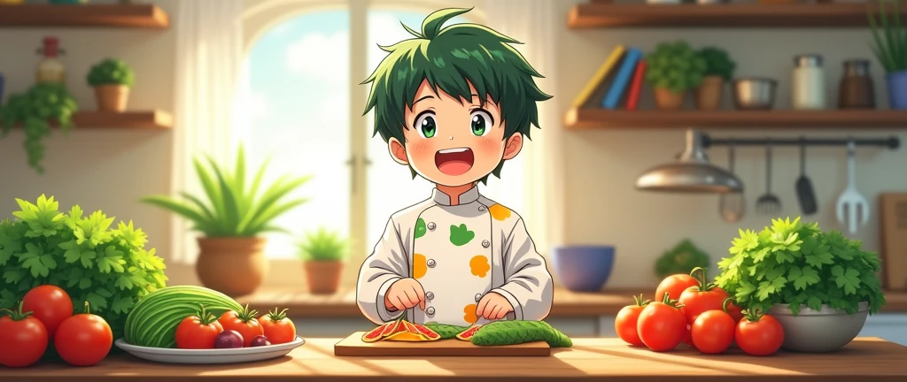 an image that represents what it is "healthy food recipes" with a young boy with dark green hair , in 2d Japanese anime that is making a recipe with chef clothes