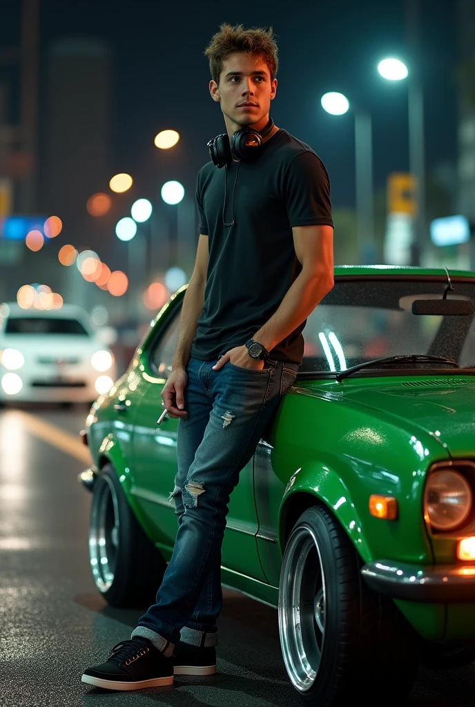 (photorealism:1.2), handsome Young man is holding a cigaretes on his finger, t-shirts and tight scars jeans, standing beside his modified old toyota starlet car(glossy green), smoked, the traffic lights and marks, low angle camera shots, headphones on his neck, black nike sneakers, car lights in the streets at nights
