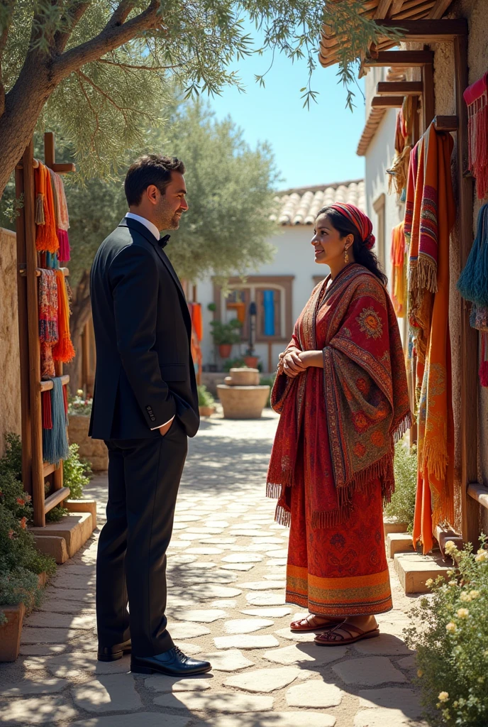  Man in tuxedo is talking to a Greek weaver