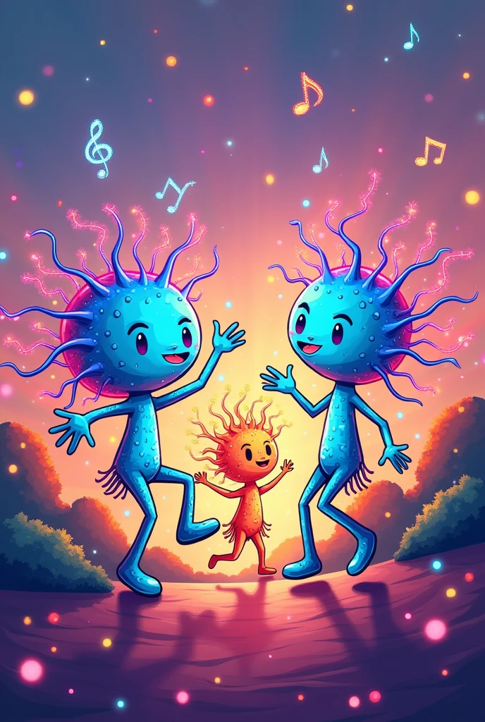 A party with neurons dancing in a cartoonish way