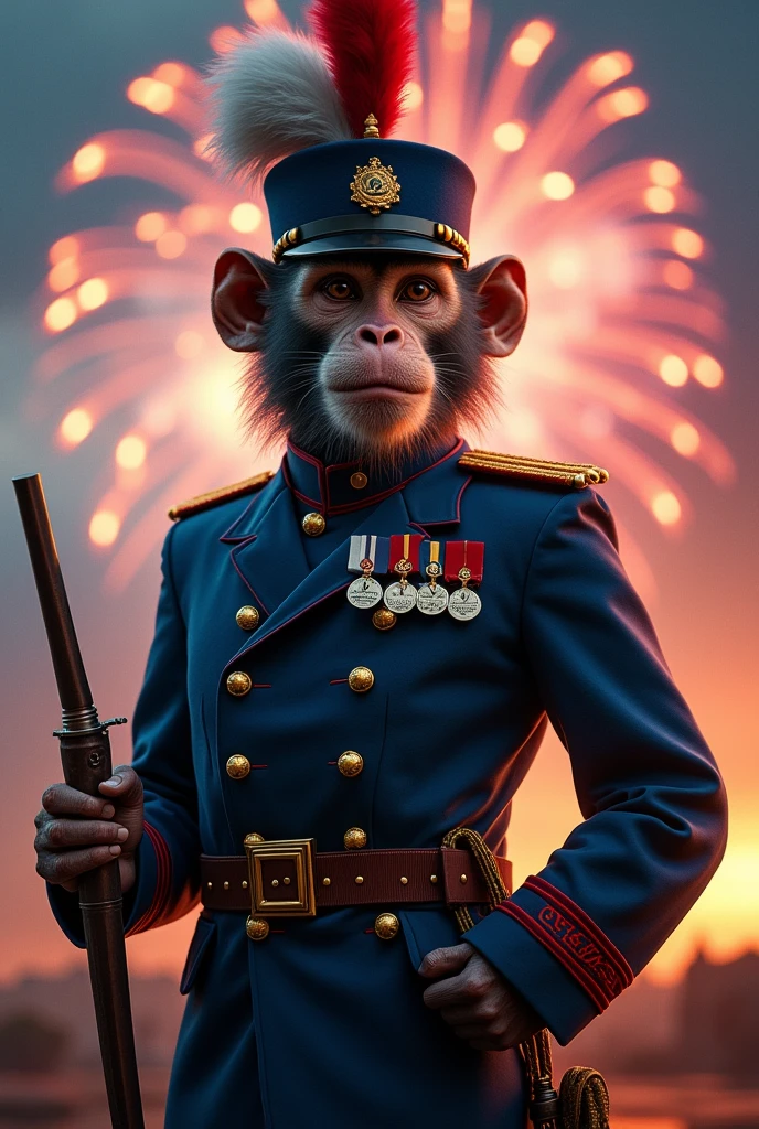 A realistic macaque in the uniform of a student at the Saint-Cyr Special Military School. Il porte un sabre dans la main droite et un revolver ancien dans la main gauche. The sky behind him is lit up by fireworks.. He is wearing a cassowary, un shako bleu avec un plumet blanc et rouge à l'avant. 
