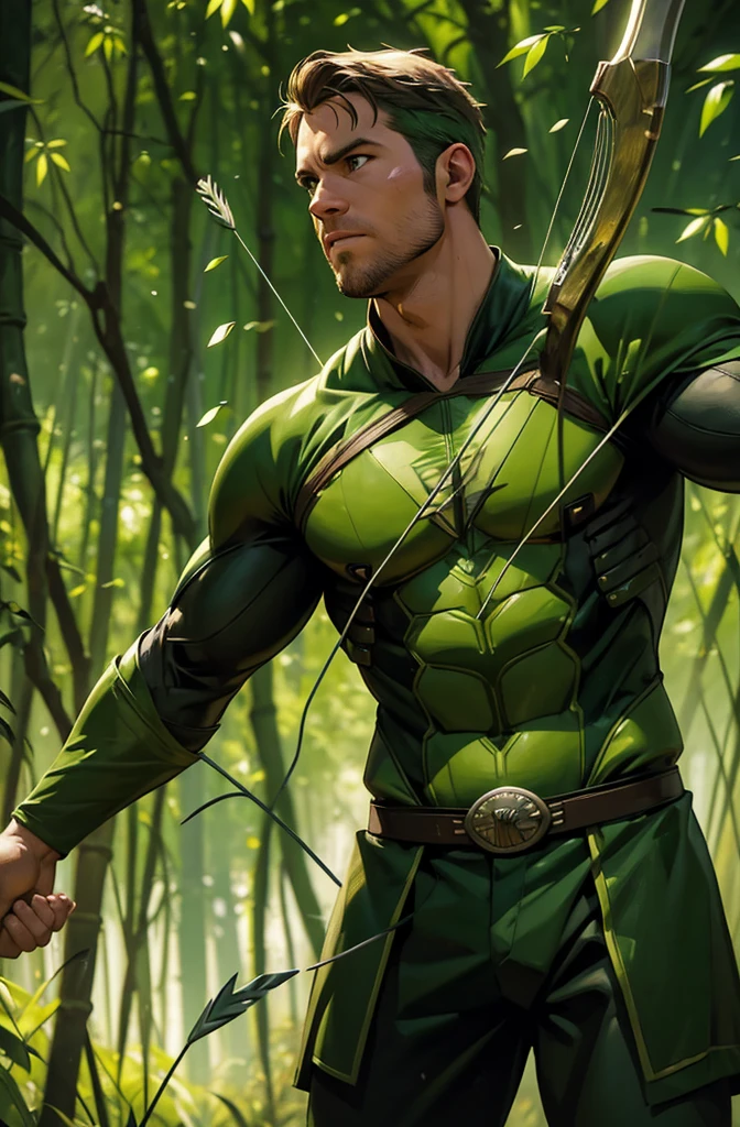 A man in a green arrow costume with a bow and arrow, standing in a bamboo forest, portrait of Ryan Reynolds as Green Arrow, 8k, hyper detailed, photorealistic, masterpiece, vibrant colors, dynamic lighting, cinematic composition, intricate details, lush foliage, dramatic shadows, powerful hero pose