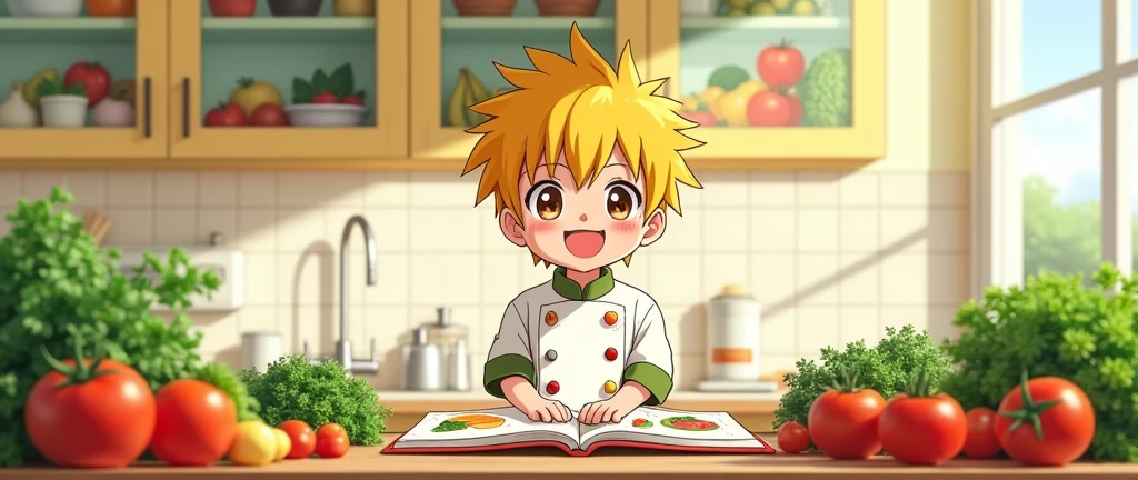 an image that represents what it is "healthy food recipes" with a young boy with dark yellow hair , in 2d Japanese anime that is making a recipe with chef clothes