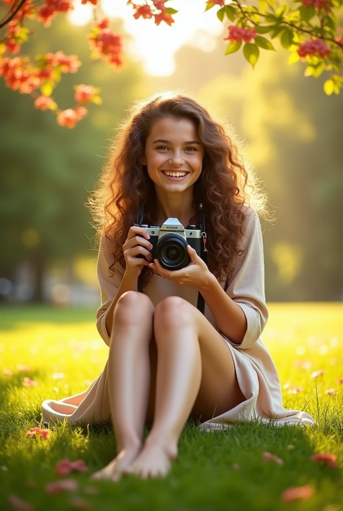 A brunette girl with curly hair and big breasts sits with her legs stretched out, taking a realistic photo