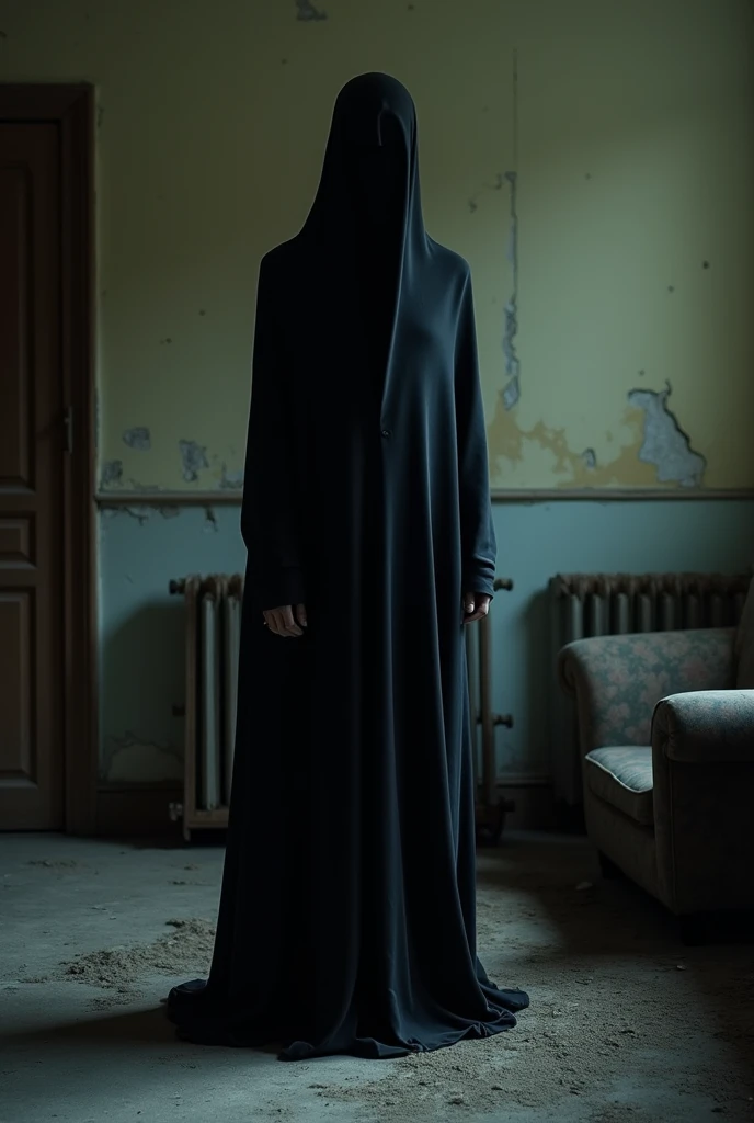 a mysterious creepy figure faceless all black
on the side of a room staring
