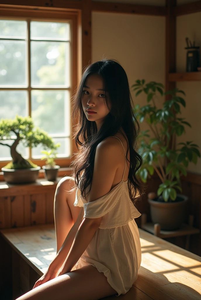 Topless Japanese girl sitting on a table