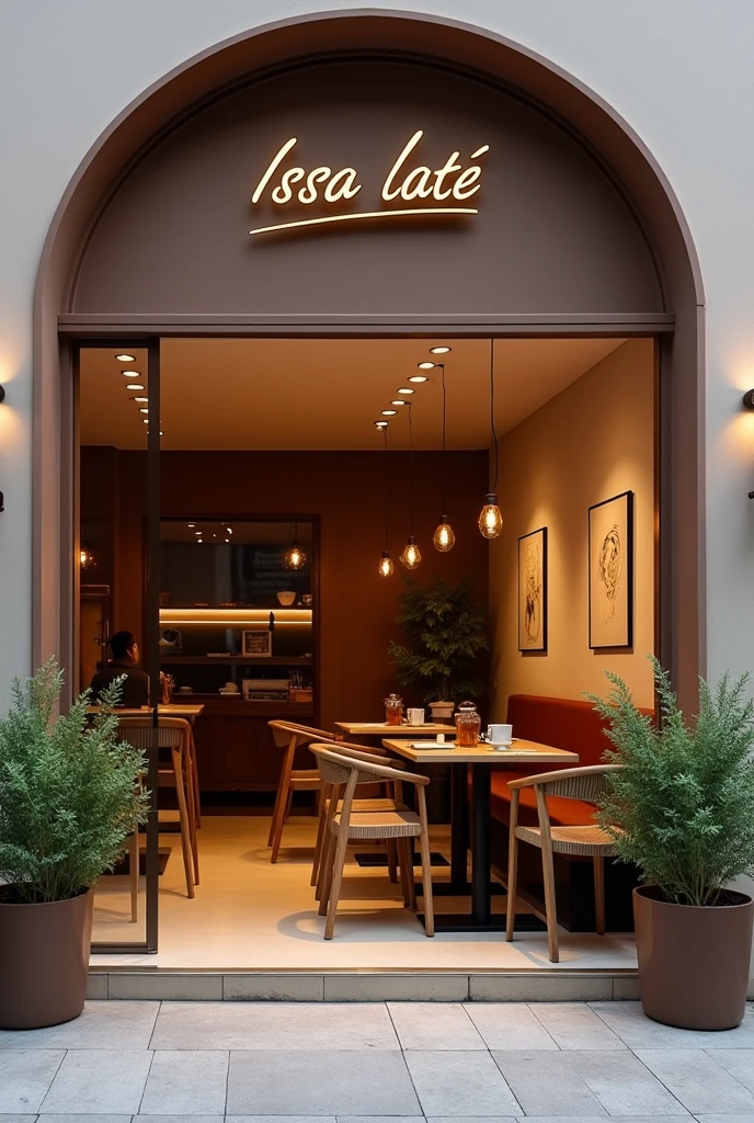 Can you create me a simple minimalist coffee shop with a touch of chocolate brown and white color with pretty lights and small decoration. Also, put a unique sign with it name "Issa Laté".