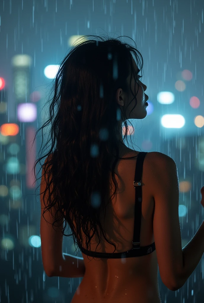 An Asian woman with a beautiful, sharp oval face and long, black hair, playing naked in the rain on a rooftop at night. The lights reflect off the shimmering raindrops. Her hair is soaked