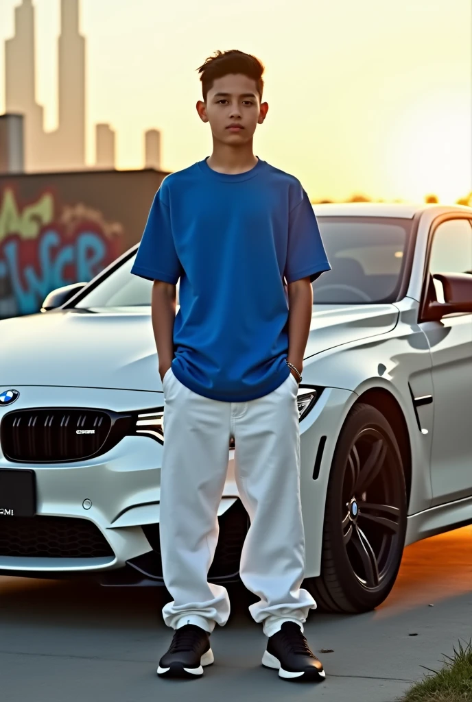 A boy age 16 boy oversize t shirt and baggy jeans pant 
T shirt colour "blue"and pant colour"white"
Shoes colour black and 
White BMW car boy standing in front car
With style pose 
