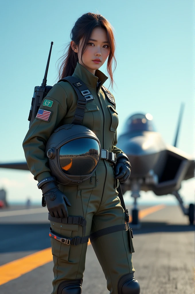 uhd, realistic, heli pilot with korean beauty similiar to tae yon with her face clearly visible, wear boot, left hand holding a helmet, on helipad with signal light on tbottom, morning bright sky, the background is F35 jet fighter on uss nimitz. use the RenderMan renderer.digital art. High definition, high contrast, high color saturation ,3d,128k,cinematic lighting, intricate,cinematic lens, advertising photograph,ultra detail
