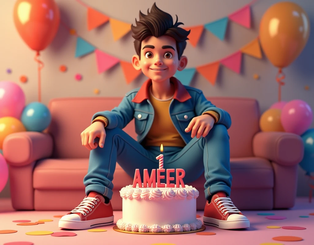 3D illustration of a man sitting casually down in front of a cake . The character must wear casual moder clothing such as jeans jackets and sneakers shoes. The background of the image is a party theme. Write 'A M E E R' on the birthday cake. Make sure the text is not misspelled. His age is 20