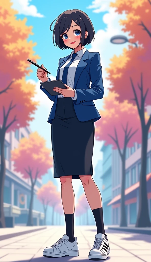 The young woman short black hair and blue eyes wear a blue suit, white shirt, dark blue necktie, black pencil skirt, black underpants, long black tights, black socks, adidas white sneakers.

She wears the white glasses, Her left hand holds a tablet, Her right hand holds a black pen of tablet, Her eyes are dazzled and smiled, cartoon anime, 4K, HD