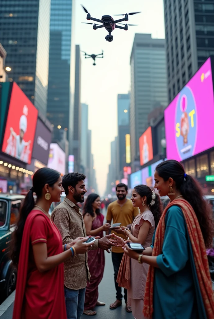All gender Indian citizens helping each other  in a modern city with high technological advancements 
