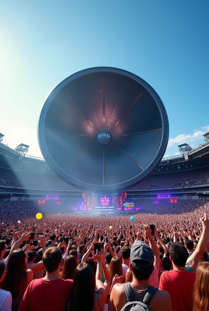 Round shaped stacked speaker and subwoofer system rigged at the center of a stadium for 100,000 thousand capacity and more live music performance concert in broad day light