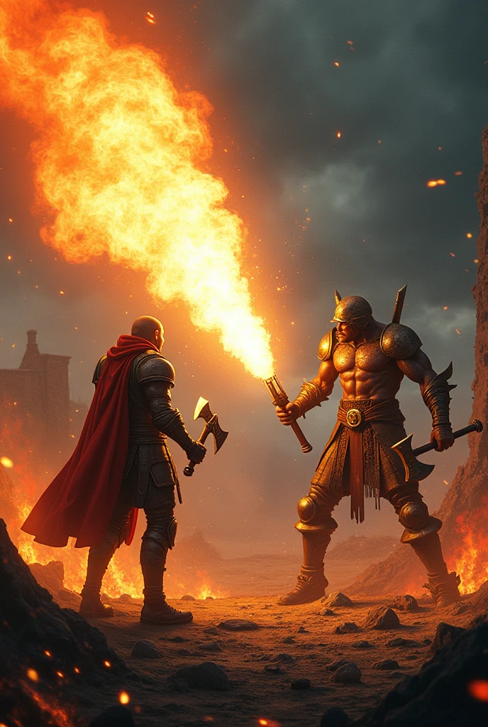 Solaire of Astora with a flamethrower against guts who carries two axes