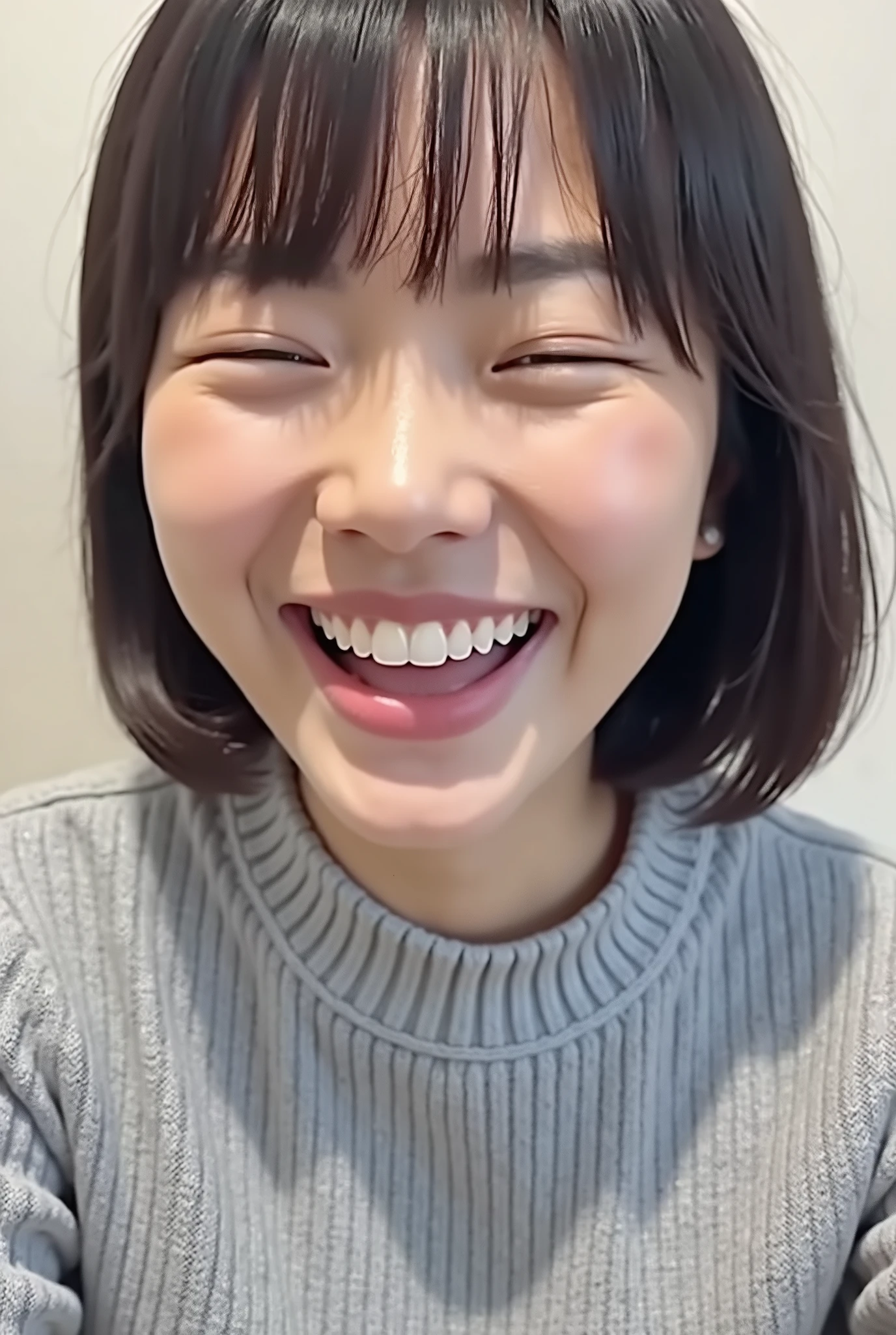 Highest quality,Japanese Idols, Short Bob Hair、bangs、Award-winning photo, Very detailed, Edge Orgasm, Face Focus, (Woman with open mouth and closed eyes ), Age 30、Black Hair、 News anchor、((No makeup)), Glowing Skin,From below、Realistic nostrils、Browsing Caution,Shortcuts、Big Breasts、Vibrator prank in public, 公共の場でのBig Breasts女性, She leaned back., (She closed her eyes), she yawns, She wants you to stop using vibrators