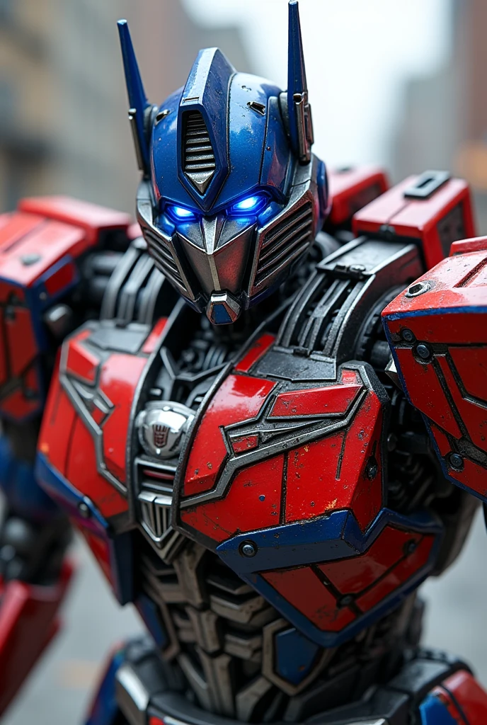 Very much realistic optimus prime with shiny glowy eyes and glowy metallic colours. Keep it very realistic.he is standing with attitude and slightly tilted and the colours of optimus prime is more bold and shiny and more more realistic glowy eyes. The body should be in an action type. Like he is attacking or defending himself 
