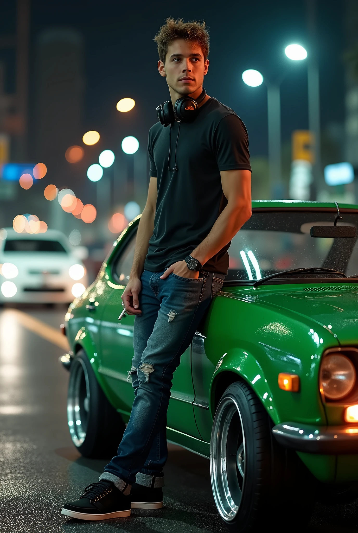 (photorealism:1.2), handsome Young man is holding a cigaretes on his finger, t-shirts and tight scars jeans, standing beside his modified old toyota starlet car(glossy green), smoked, the traffic lights and marks, low angle camera shots, headphones on his neck, black nike sneakers, car lights in the streets at nights
