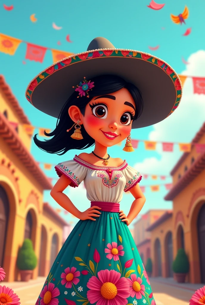 Create a cartoon image of a woman in Mexican clothing and a charro hat with the name Hilda in cartoon form