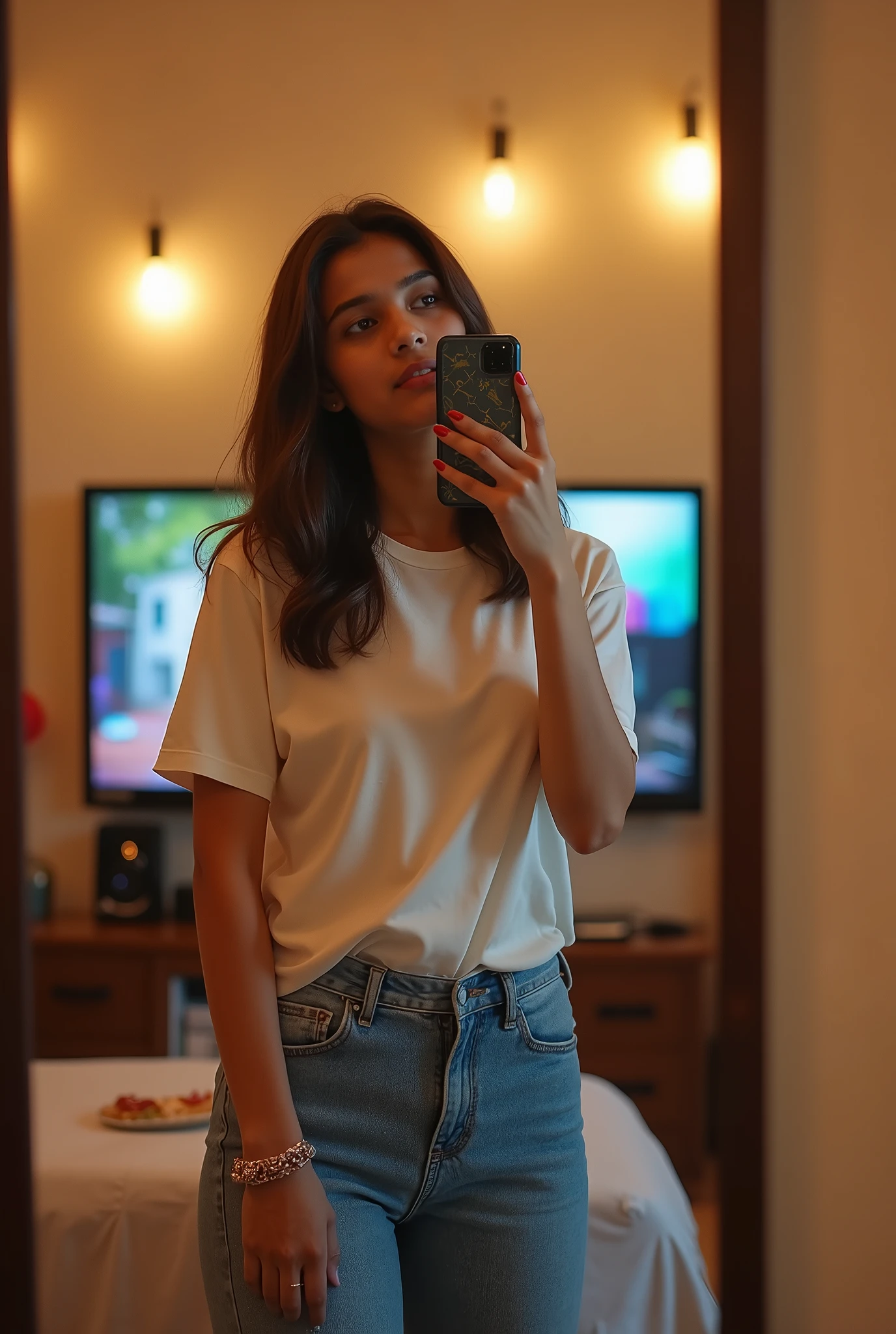 A girl wearing normal not much morden dresses mirror selfie in indian morden home where all technical material are available like tv wifi ac etc the photo should be like the image which will be shown in the mirror and not full only upper from the weist