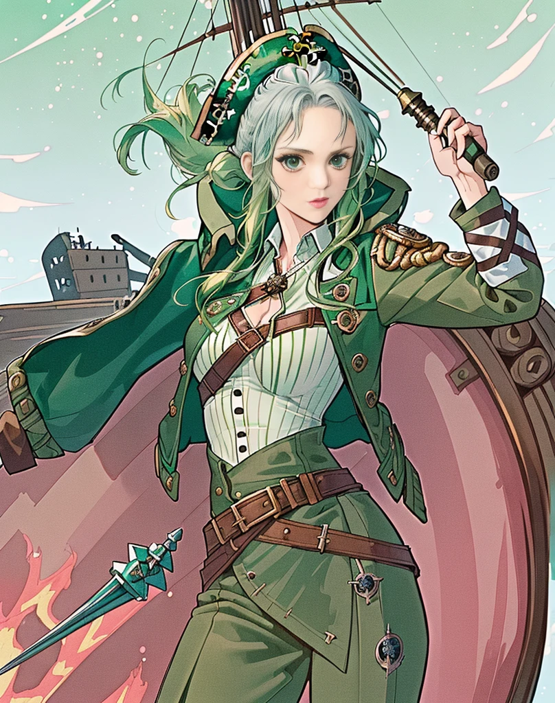 (((Illustration of a female pirate inside a ship battling other pirates with a pistol and rapier in hand))), silver hair, brown skin, (((half blue jacket, half green jacket, jacket over the shoulders))), light brown shirt, shirt with neckline, ((big breasts)), ((emerald green fabric at the waist)), dark brown pants, wooden sheath with green metal tip.(((HD,8k,Best Quality))), ((Wallpaper))