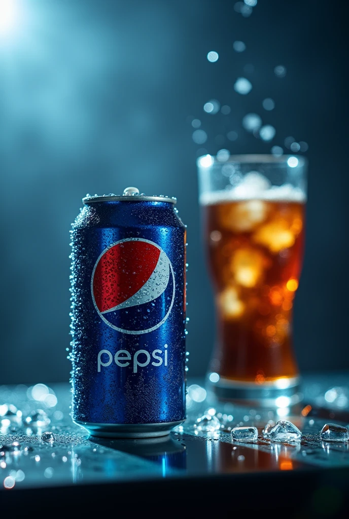 A can of Pepsi on a glass table, cold and refreshing, dripping water, water splash surrounded, add a glass of soda, a few ice cubes in the glass, Foggy, dark scene, cinematic light, Photography, realist, volumetric lighting, super details