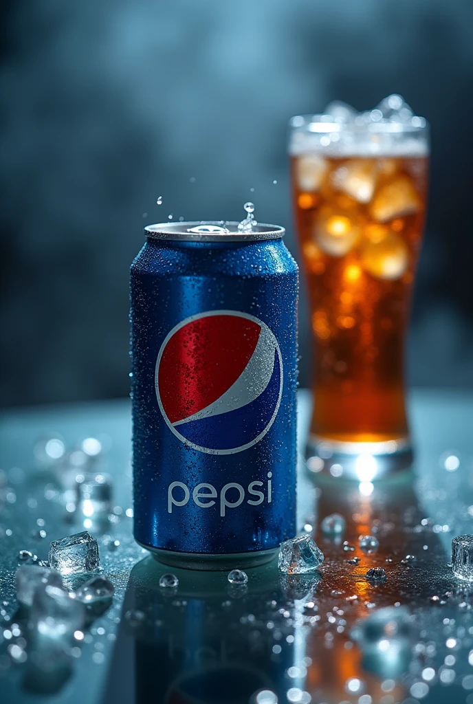 A can of Pepsi on a glass table, cold and refreshing, dripping water, water splash surrounded, add a glass of soda, a few ice cubes in the glass, Foggy, dark scene, cinematic light, Photography, realist, volumetric lighting, super details