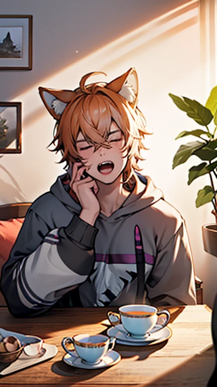 neko, boy, waking up, bedroom, yawning, teacup on a table, good lighting, happy, face in focuse, pale skin,orange short curly hair, , hoody , plants, contry side, cute decoration, backround out of focuse, cat-ears, 