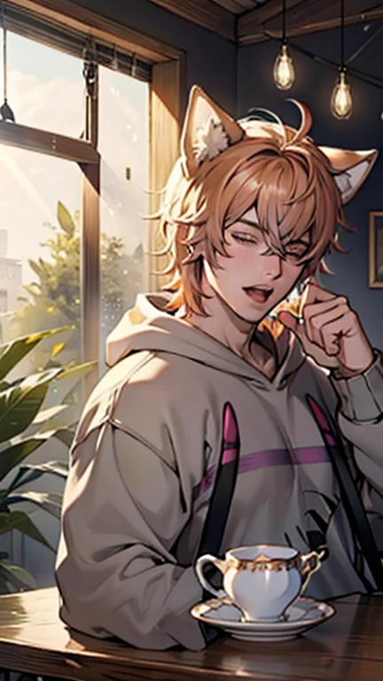 neko, boy, waking up, bedroom, yawning, teacup on a table, good lighting, happy, face in focuse, pale skin,orange short curly hair, , hoody , plants, contry side, cute decoration, backround out of focuse, cat-ears, 