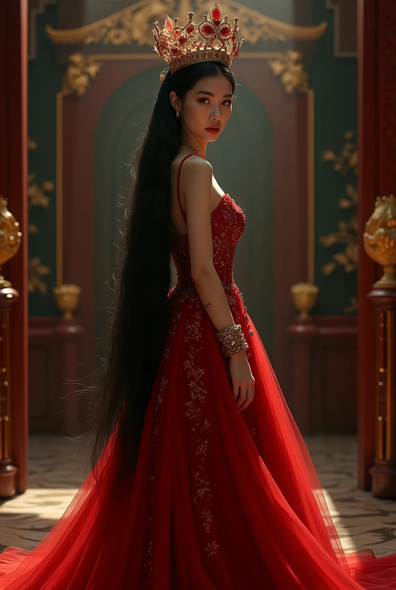 1 heroine / beautiful princess, In the Dark: 1.6), surreal female portrait by David Hockney and Alphonse Mucha, fantasy art, korea doll, photorealism, dynamic lighting, artstation, poster, volumetric lighting, very detailed faces, 8k ultra, all body, Awarded, in the dark, deep shadow, low key, cowboy lens, (Red phoenix dress: 1.4), long hair, black hair, bust, luxurious palace, Royal style, Princess crown, Big round black eyes, style Royal, The most beautiful face, big and regular breasts, Super realistic,