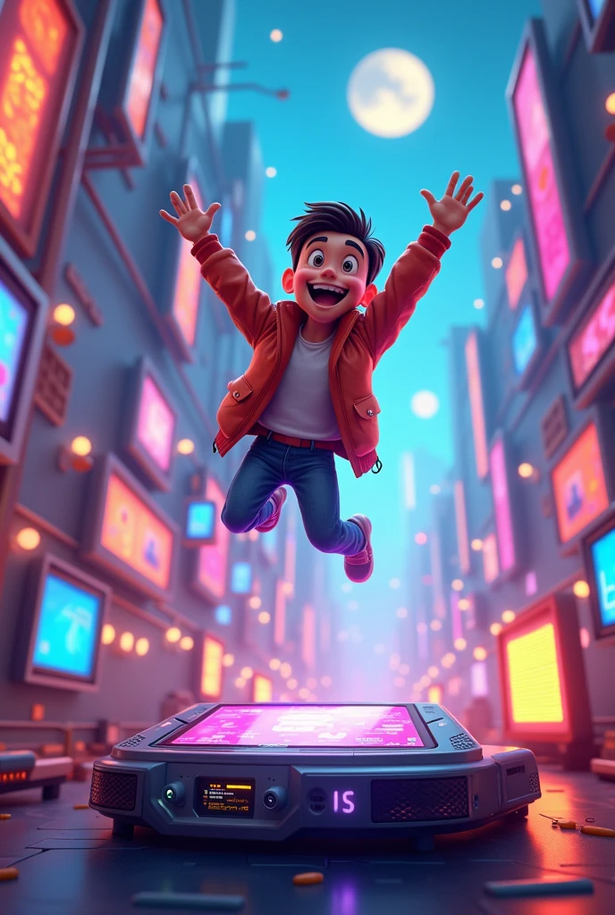 there is a cartoon of a man flying over a computer, 8 k cartoon illustration, high-tech environment, commercial illustration, computer game, promotional art, exciting illustration, digital art cartoon, digital illustation, digital 2d animation, colorful kids book illustration, corporate animation style, future technology, children's cartoon, proffesional illustration, animation illustrative style