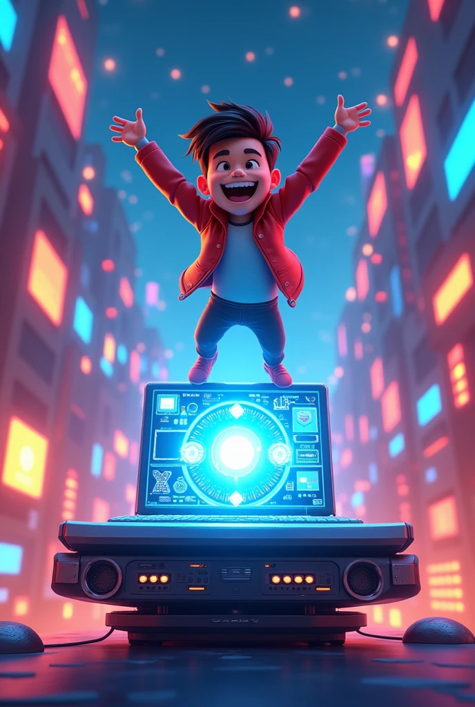 there is a cartoon of a man flying over a computer, 8 k cartoon illustration, high-tech environment, commercial illustration, computer game, promotional art, exciting illustration, digital art cartoon, digital illustation, digital 2d animation, colorful kids book illustration, corporate animation style, future technology, children's cartoon, proffesional illustration, animation illustrative style