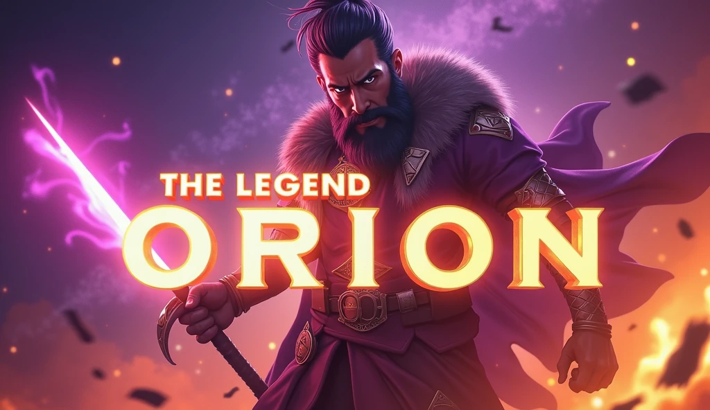 "prompt": "Design a YouTube thumbnail featuring a fierce and focused character wielding a glowing weapon, standing against a backdrop of Royal Purple and Neon Yellow cosmic elements. The character has a battle-ready expression, with intense eyes. Behind them, a cosmic explosion lights up the scene. The text 'The Legend Orion' is in a futuristic, glowing font that stands out against the vivid colors."