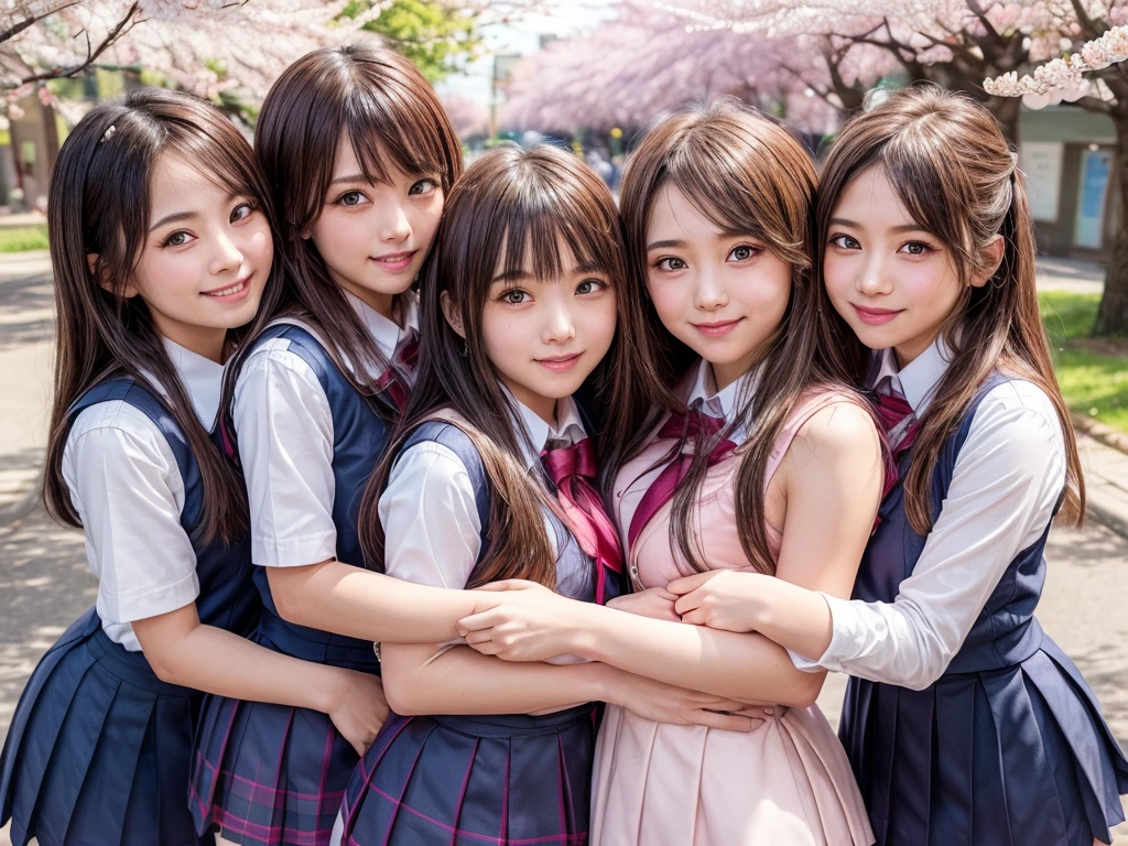 ((masterpiece)), ((best quality)), (ultra-detailed), ((kawaii)), cute, (lovely), ((sexy)), (ero), ((extremely detailed)), 4K, (8K), best quality, (beautiful), hyper realistic, real, dynamic angle, full body, (Cherry blossom petals, cherry blossoms in full bloom:1.3), (3girls, 3 cute girls:1.5), (school girl uniform:1.5), ((beautiful eyes)), short hair, buttocks, large breast, light smile, blush, (wind effect:1.5), (love, hug:1.5)