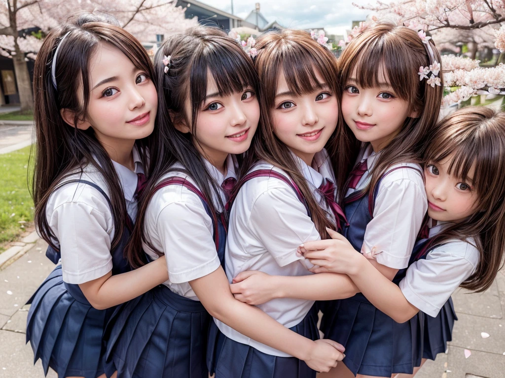 ((masterpiece)), ((best quality)), (ultra-detailed), ((kawaii)), cute, (lovely), ((sexy)), (ero), ((extremely detailed)), 4K, (8K), best quality, (beautiful), hyper realistic, real, dynamic angle, full body, (Cherry blossom petals, cherry blossoms in full bloom:1.3), (3girls, 3 cute girls:1.5), (school girl uniform:1.5), ((beautiful eyes)), short hair, buttocks, large breast, light smile, blush, (wind effect:1.5), (love, hug:1.5)