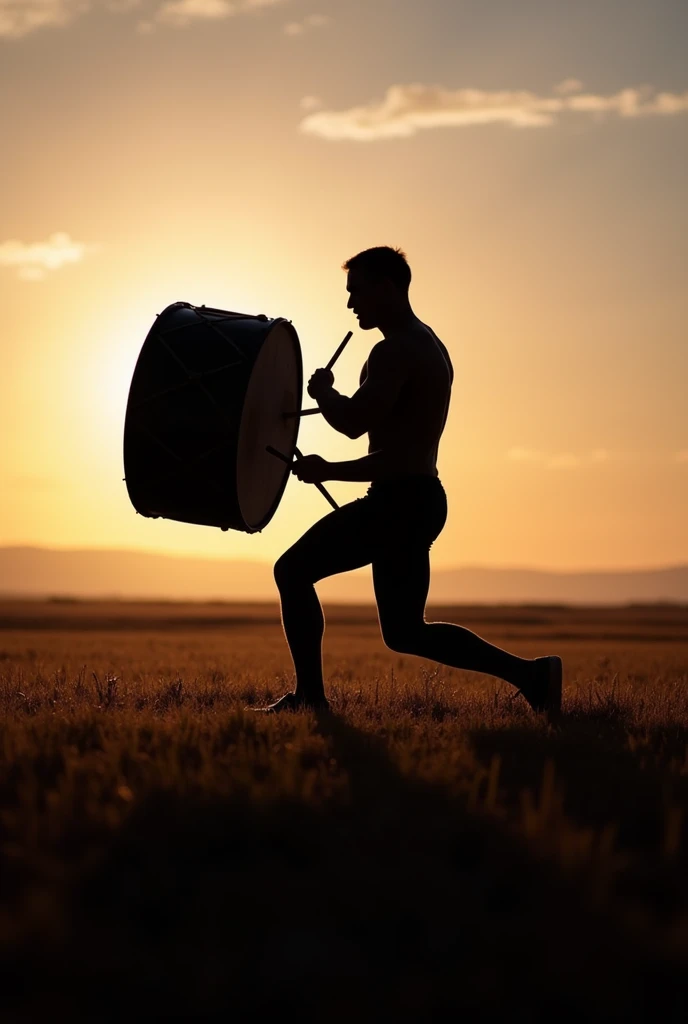 SUPER SIMPLE drawing of a shadow of a man playing a giant drum on a plain