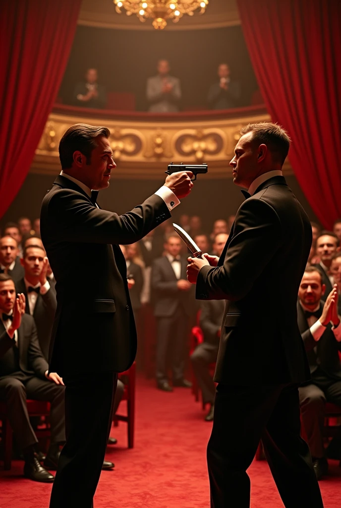 General image of a theater with two men from behind, one half pointing at the other with a gun and the other with a knife while the audience applauds