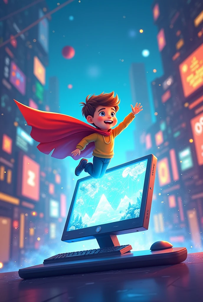 there is a cartoon of a boy flying over a computer, 8 k cartoon illustration, high-tech environment, commercial illustration, computer game, promotional art, exciting illustration, digital art cartoon, digital illustation, digital 2d animation, colorful kids book illustration, corporate animation style, future technology, children's cartoon, proffesional illustration, animation illustrative style