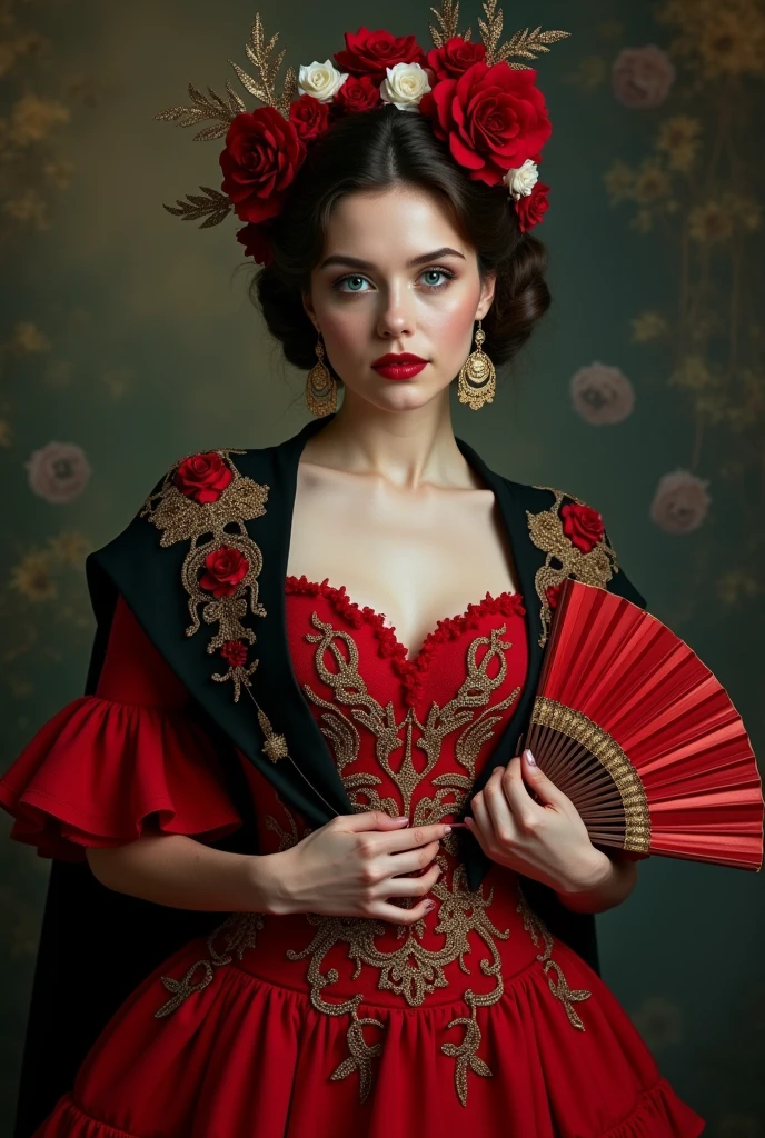 Create an image of a female character inspired by the Spanish flu, dressed in an elegant flamenco dress. The character should have a pale face with slightly rosy cheeks., evoking fever and malaise. Their eyes should be large and pearl grey., with an enigmatic glow. The hair, long and wavy, It should be gathered in a low bun decorated with red and white flowers.. The flamenco dress should be a deep red with curly ruffles that add movement when dancing.. The bodice of the costume should be decorated with gold embroidery imitating patterns of viruses and cells., with white details evoking ancient masks. Includes a black shawl with red and silver embroidery, with small details in the form of leaves. Earrings should be large and fan-shaped with red details., and the shoes must be black patent leather with wooden heels and gold embroidery that imitates microscopic patterns. The character must hold a red fan with gold details that reveal a striped pattern, and wear a red flower in your hair. The character's posture and attitude must be elegant and determined., reflecting a combination of strength and beauty in difficult times.